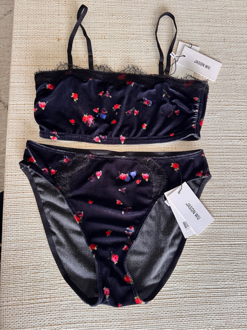 Jason Wu Black Satin Floral Bralette & Bikini Brief Set